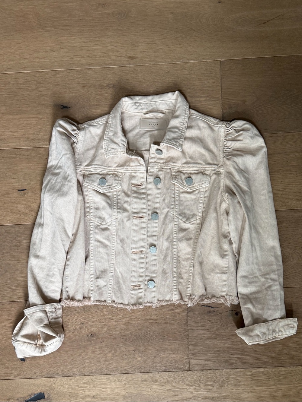 BLANKNYC Cropped Puff Sleeve Denim Jacket Cream Beige Size S